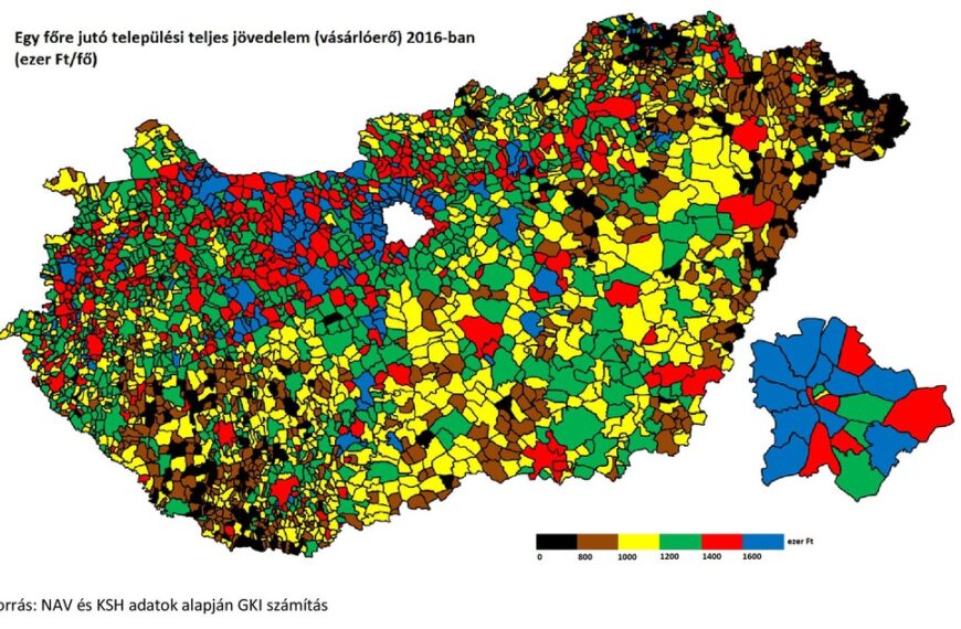 A magyar települések vásárlóerő-térképe. Forrás: GKI Gazdaságkutató Zrt.